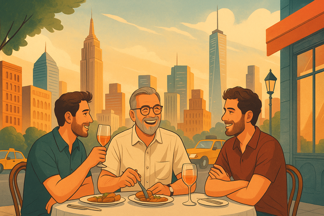Digital illustration of three light-skinned adults standing at the bottom of the frame, with New York City skyline, trees, and sky above them—designed as a hero banner for Father’s Day in NYC.
