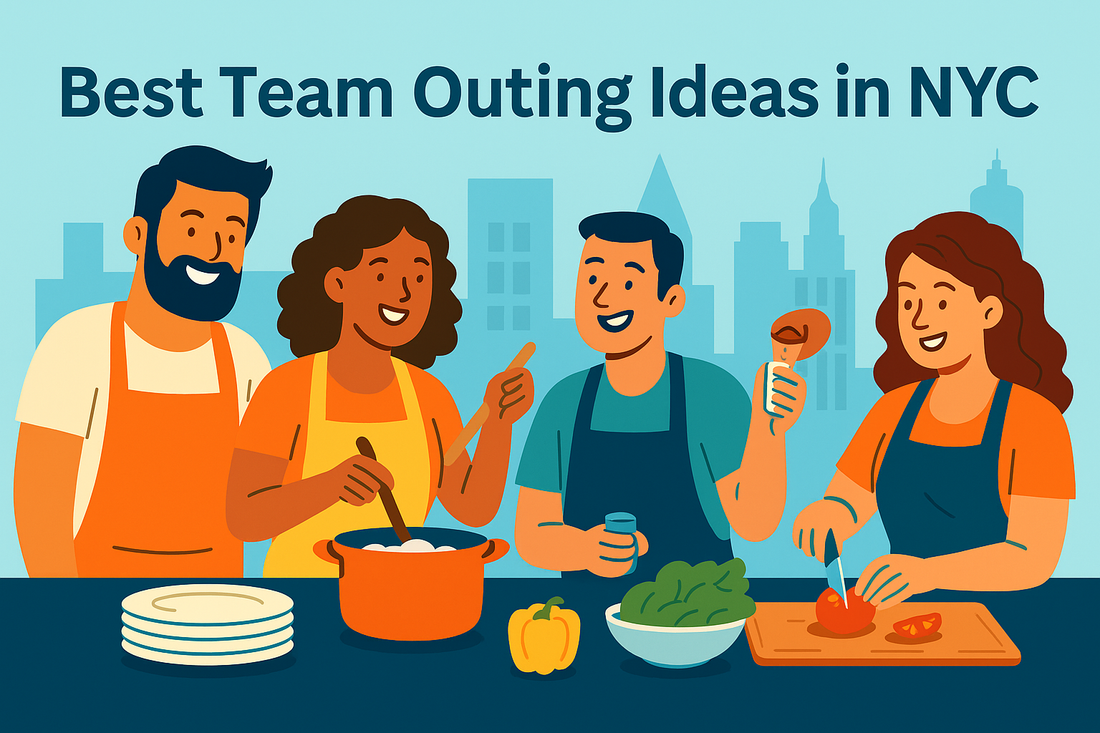 Flat-style illustration of a diverse group of coworkers cooking together in a modern Manhattan loft kitchen with a chef instructor, representing team building and collaboration.