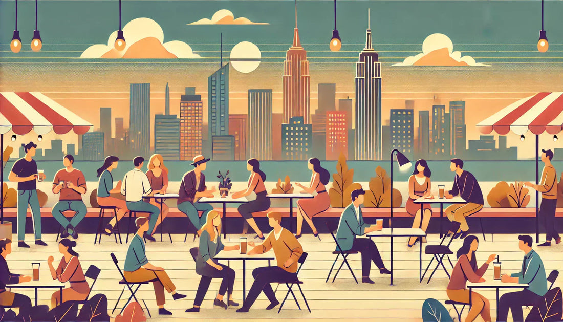 A modern graphic illustration of a small social gathering on an NYC rooftop, overlooking the city skyline in a warm and inviting atmosphere