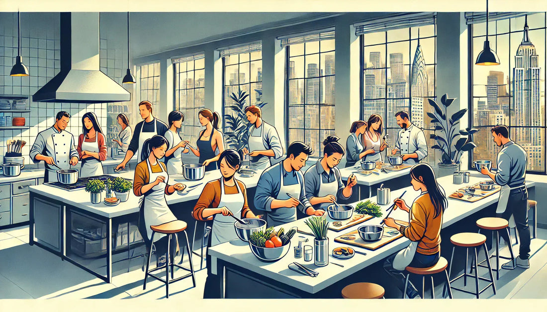 "A lively singles cooking class in NYC, featuring a diverse group of individuals cooking together in a modern kitchen with large windows showcasing the NYC skyline. The atmosphere is social, fun, and engaging under the guidance of a professional chef