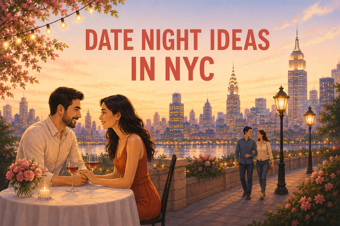 Romantic NYC date night illustration featuring couples dining and walking at sunset with the Manhattan skyline and warm city lights in the background.