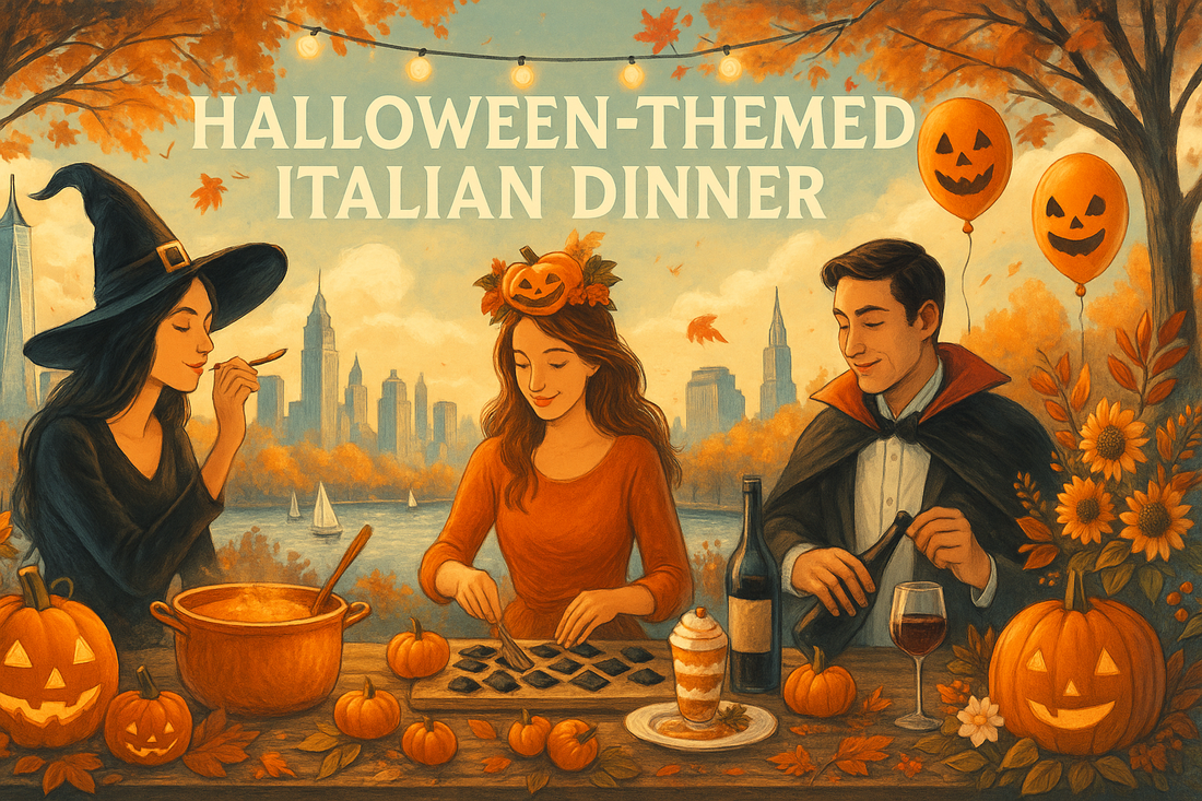 Illustrated blog banner for Halloween-Themed Italian Dinner NYC.