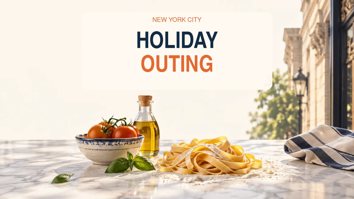 Editorial illustration with the headline 'HOLIDAY OUTING' over a light cooking-themed scene.