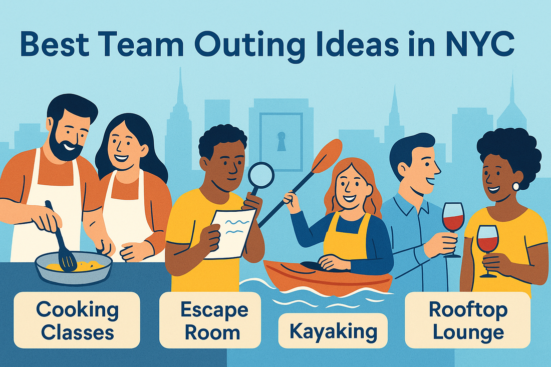 Illustration of diverse coworkers enjoying NYC team outings including cooking classes, escape room, kayaking, and rooftop lounge with city skyline in the background