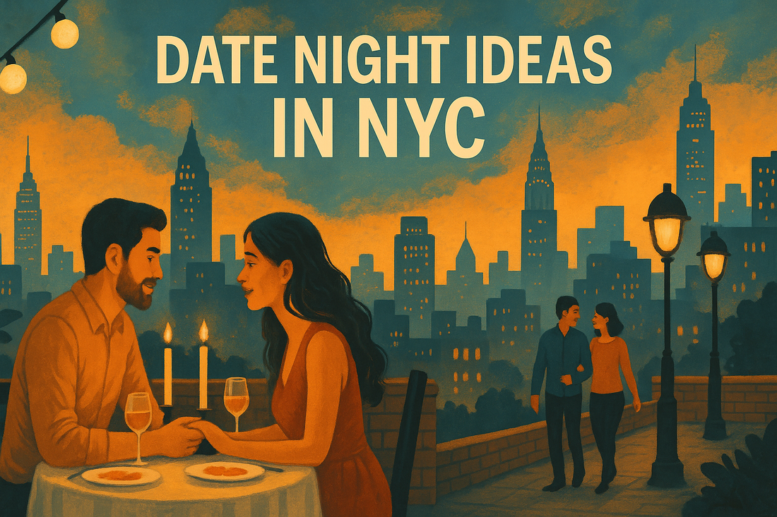Romantic couple cooking together in a cozy New York City loft kitchen at dusk, with skyline views and warm orange-blue lighting, creating an intimate atmosphere.