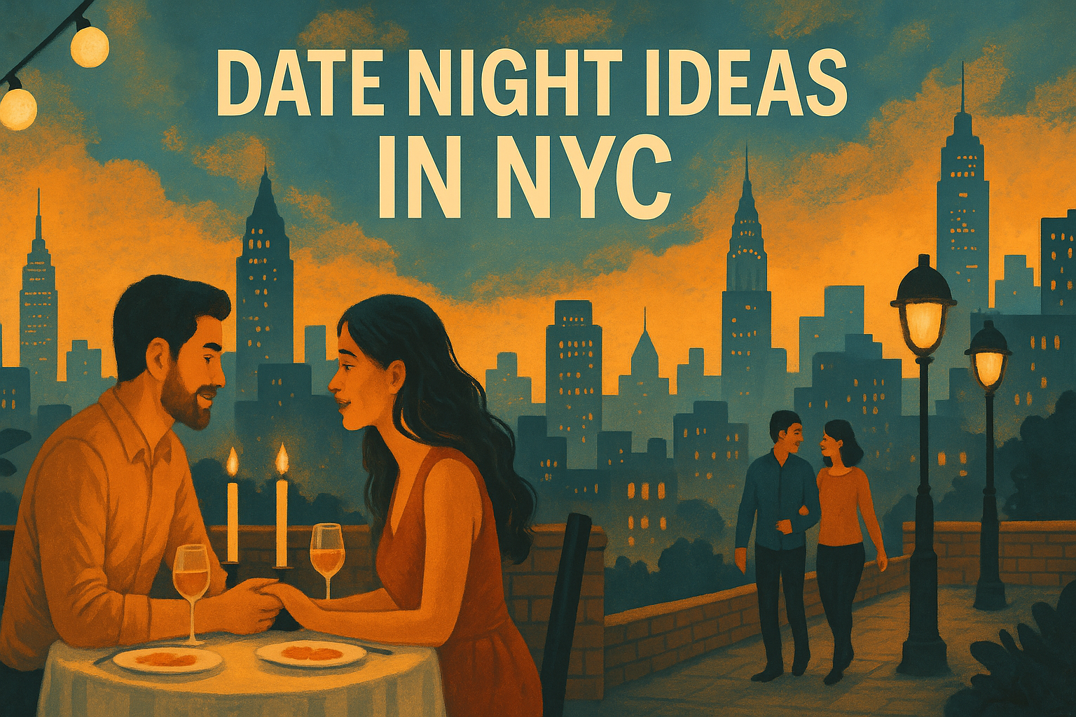 Romantic couple cooking together in a cozy New York City loft kitchen at dusk, with skyline views and warm orange-blue lighting, creating an intimate atmosphere.