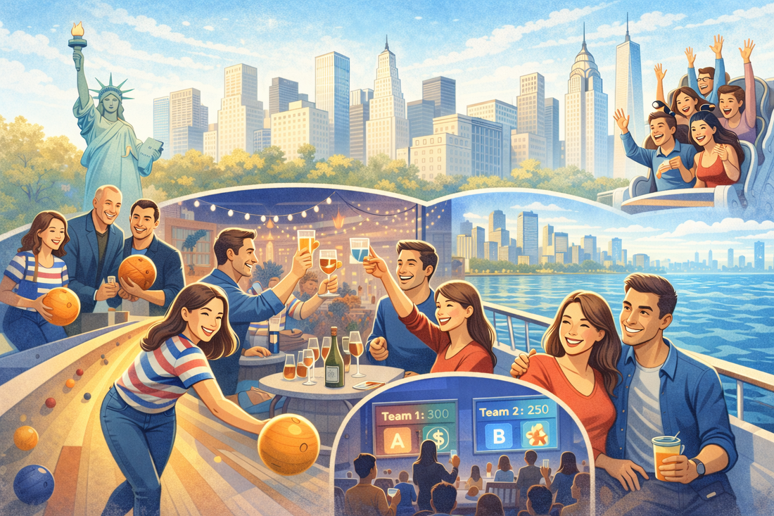 eam events in NYC illustration featuring bowling, rooftop party, boat cruise, trivia night and roller coaster with Manhattan skyline backdrop.