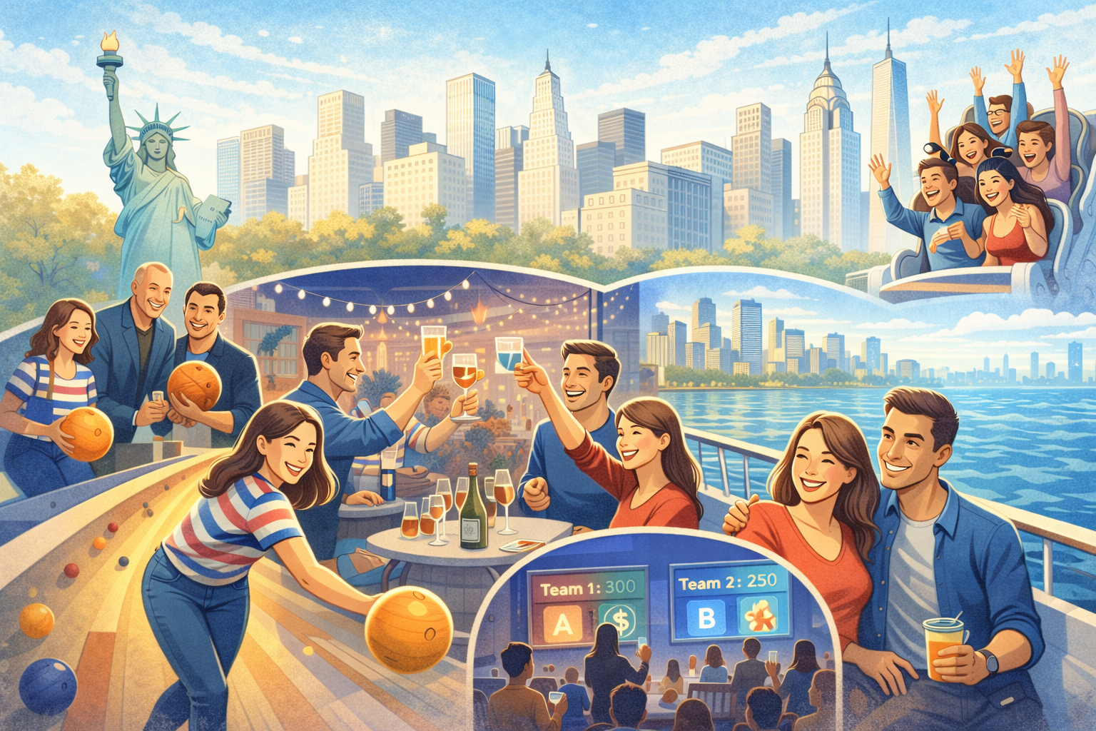 eam events in NYC illustration featuring bowling, rooftop party, boat cruise, trivia night and roller coaster with Manhattan skyline backdrop.