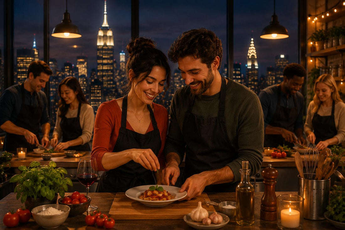 Illustrated blog banner for Date Night NYC. A couple in aprons cook together at a kitchen table, rolling pasta and clinking glasses, with the New York City skyline