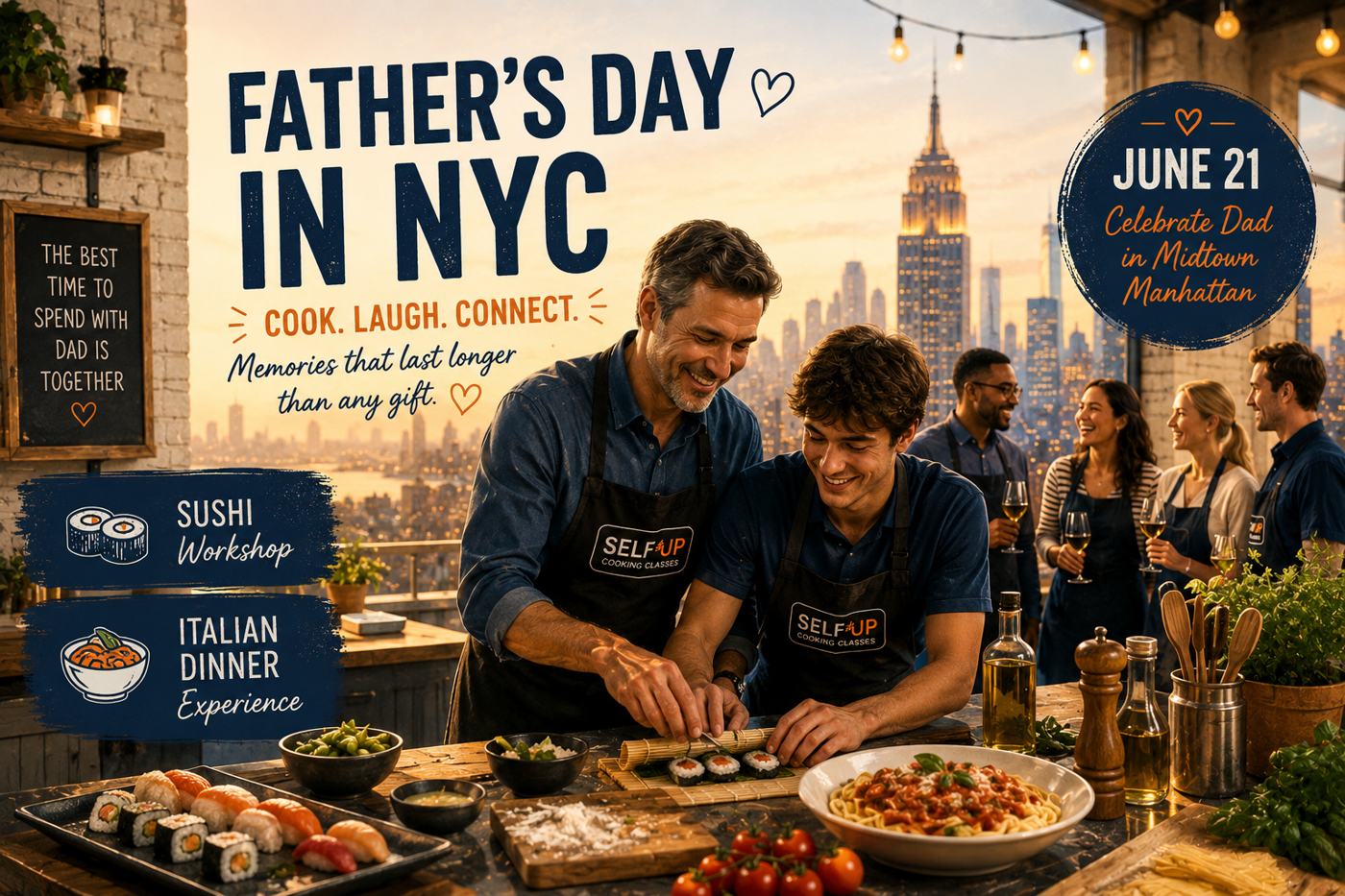 Father and son enjoying a hands-on sushi and Italian cooking class in Midtown Manhattan during a Father’s Day celebration with the NYC skyline in the background.