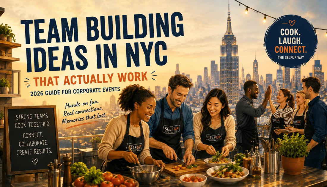 Corporate team building cooking experience in NYC with colleagues cooking together
