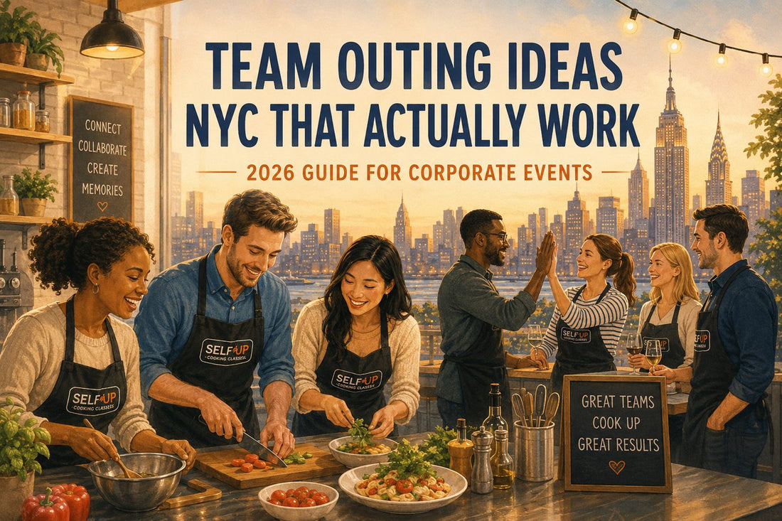 Corporate team building cooking class in NYC with coworkers preparing food together in a warm kitchen setting overlooking the Manhattan skyline.